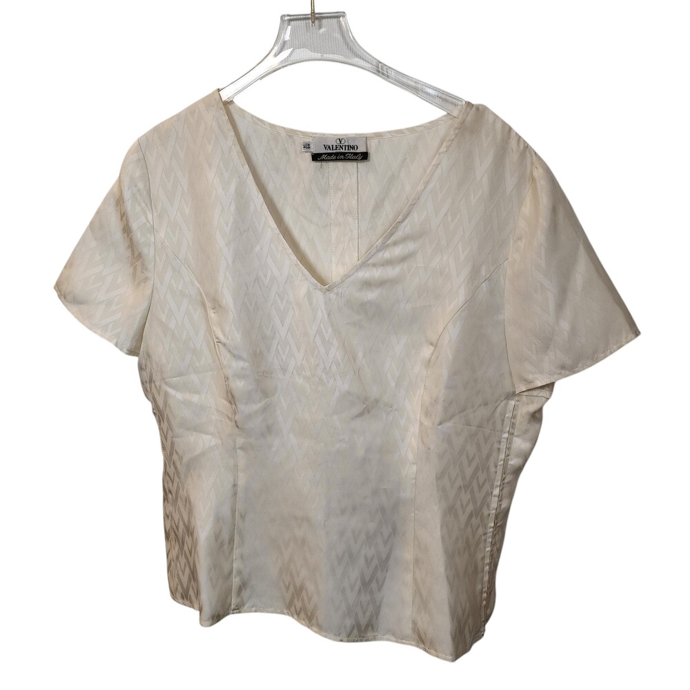 Vintage Valentino 100% Silk Monogram Chevron V Logo Jacquard Blouse Top Cream 14